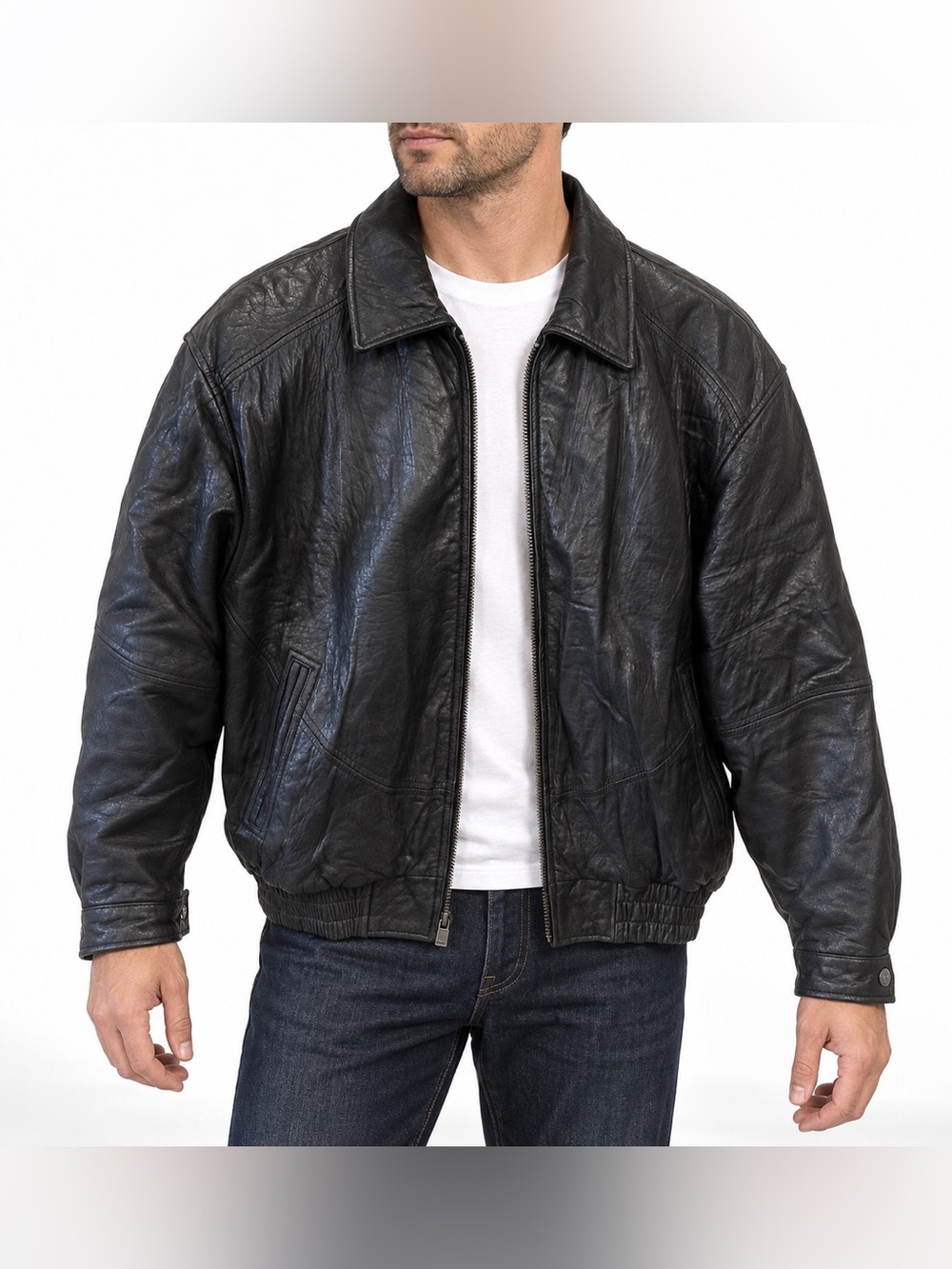 Saxony Collection Men’s Black Genuine Leather Bomber Jacket Size 40 M
